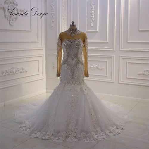 Amanda Design African Dress for Women High Neck Long Sleeve Rhinestone Crystal Wedding Dress