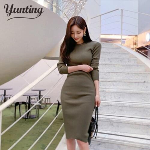 2021 Autumn Winter Knitted Sweater Dress Women Sexy O Neck Long Sleeve Dress Ladies Knee Party Dress Vestido