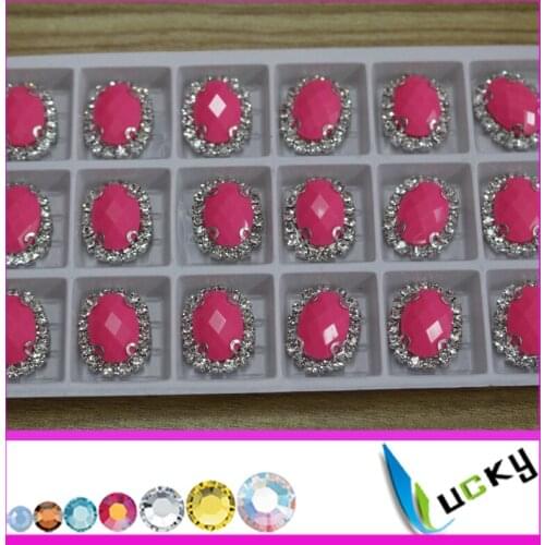 100PCS 10*14mm oval shape neon pink color KOREAN QUALITY hotfix epoxy flatback rhinestone with crystal trim