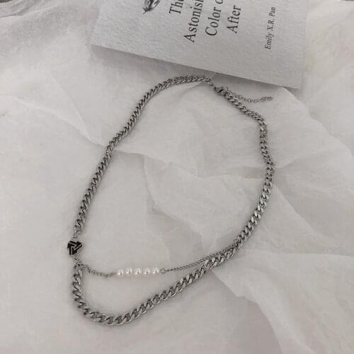 QiLxuy Stainless Steel Chain Pearl Geometric Charm Choker Necklaces for Women Fashion Cuba Chain Punk Necklaces Party Jewelry