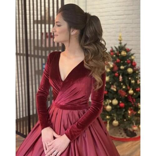 Long Satin Velvet Evening Dress V Neck Long Sleeves Ball Gown Prom Formal Wedding Party Dresses Robe De Soiree