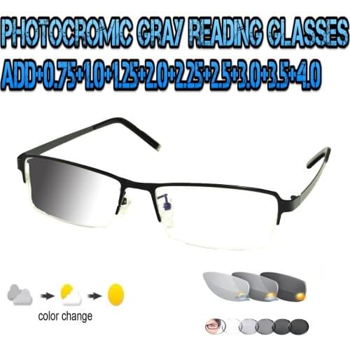 Photochromic Gray Reading Glasses Ultralight Trend High Quality Fashion Men Women Black Metal Frame +0.75 To +4.0