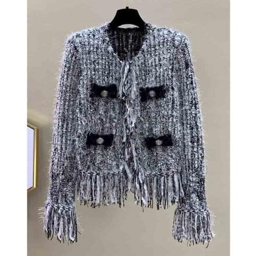 Women Cardigan Long Sleeve Knitted Tassel Black Grey Color Combination Woven Pocket Elegant Short Jacket