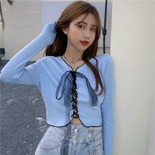 Summer Thin V-Neck Knitted Long Sleeve Sexy Korean Fashion Tops Femme Sweater Cardigan Mujer Blusa De Frio Feminina