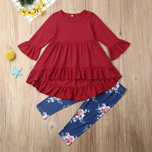 Baby Meisje Toddler Baby Girls Bell Sleeve Ruffle Tops Floral Pants Outfits 2-7 Years Cotton + Milk Silk boutique girls outfits