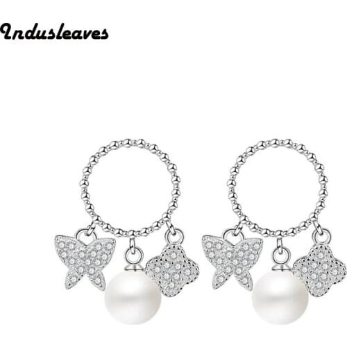 Indusleaves Fashion Jewelry Adorable Kawaii Cute Four-leaf Clover Butterfly Pearl Zirconia for Women Girl Gift Stud Earrings