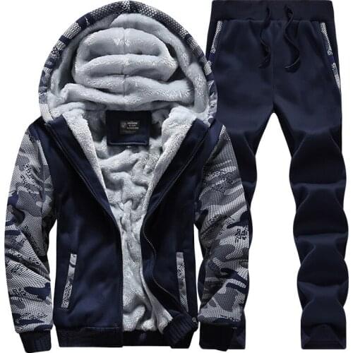 Mens Plush And Thickened Suit Cardigan Hooded Coat And Pants 2 Pieces Sets Gentlemen Tracksuit