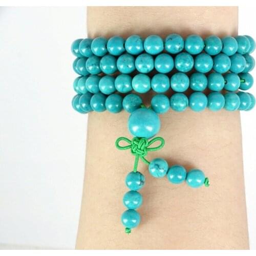 Natural Stabilized Tur-quoise 6mm Gems Stone Buddhist 108 Beads Prayer Multi-Purpose Stretchy Bracelet Necklace 5Strands/Pack