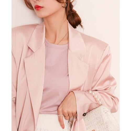 Minimalist Cozy Chic Double Breasted Satin Oversized Long Blazer Gloss Sakura Pink/Pale Blue Boyfriend OL Office Formal Jacket