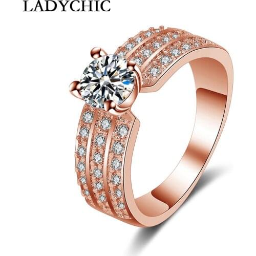 LADYCHIC Luxury Brand Fashion Rose/White Gold Color Bridal Ring for Women with Paved Micro Zircon Crystal Wedding Jewelry LR1046