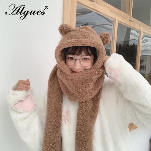 Autumn Winter Solid Color Acrylic Warm Women Hats Kawaii Cute Bear Ear Scarf Female Girls Cute Hats Streetwear Gifts for Women