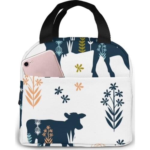 Silhouettes Of Cows And Flowers Cooler Lunch Box Portable Insulated Lunch Bag Thermal Food Picnic Lunch Bags