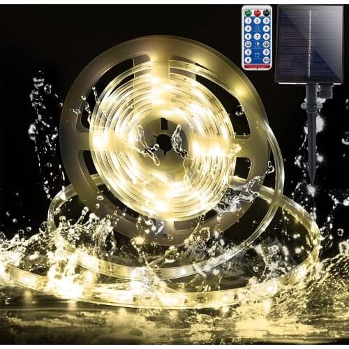 10ft Solar LED Strip Lights Outdoor with Remote,90LED Fully Waterproof Rope Lights,Cuttable for Garden Decor(Warm White)
