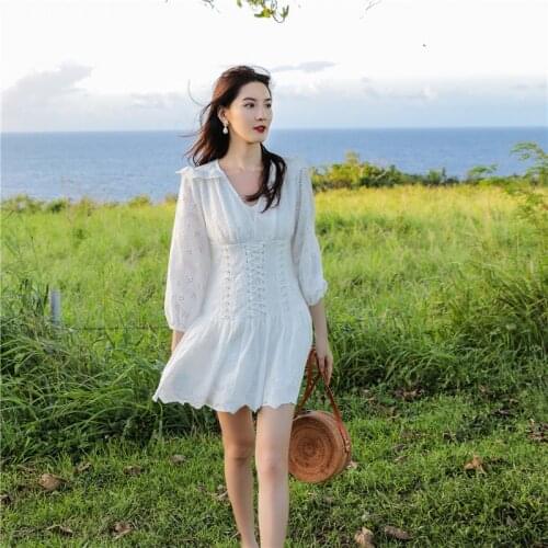 Spring Hollow Out White Dresses V Neck Three Quarter Sleeve Lace Up Bandage Short Dress Holiday Boho Chic Linen Ruffle Dresses