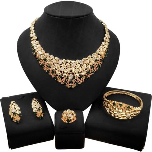 Yulaili Vintage Classic Gold Plated Crystal Rhinestone Necklace Earrings Bracelet Ring African Nigerian Wedding Jewelry Sets