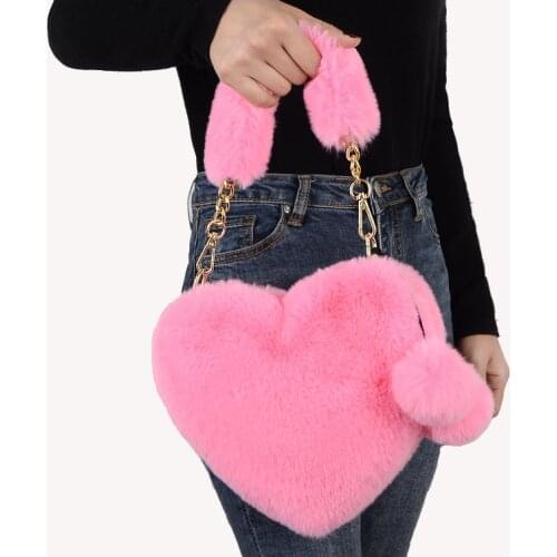Womens Cute Soft Artificial Rex Rabbit Pluff Handbag Female Kawaii Heart Shaped Lovely Plush Fluffy Girls Winter Chain Purse