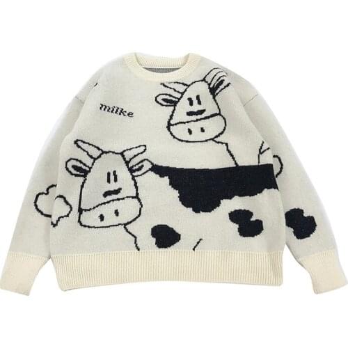 Women Sweaters 2020 Winter Vintage Cartoon Cow Embroidery Casual Female Knitted Pullover Long Sleeve O-neck Basic Warm Top