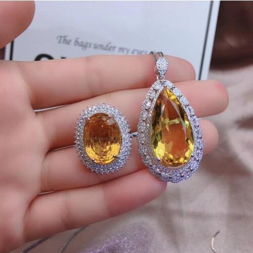 Cost effective big size women ring necklace jewelry set good bright yellow color 925 sterling silver party birthday gift jewelry