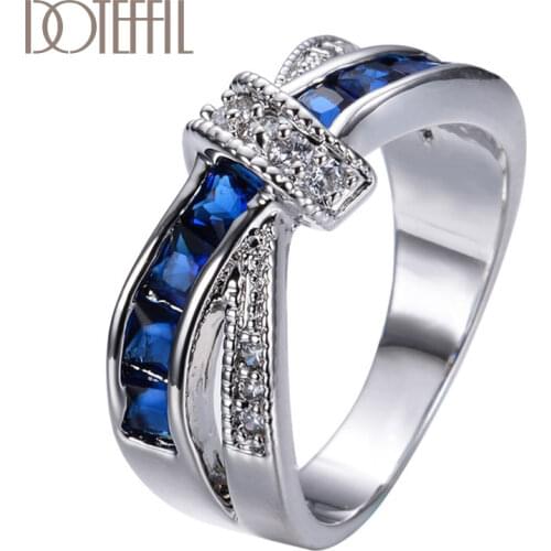 DOTEFFIL 925 Sterling Silver AAA Zircon Blue/Red/Purple Six Colors Crystal Ring For Women Fashion Wedding Party Charm Jewelry