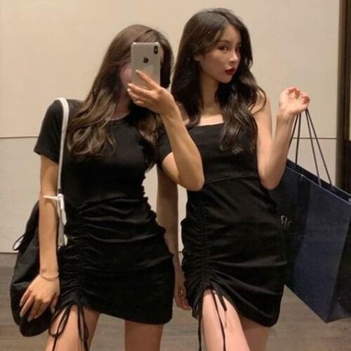 Sisters Outfit New Sexy Strap Elegant Girlfriends Clothes Short Sleeve Dress Womens Summer Drawstring Slimming Hip-Wrapped Dres