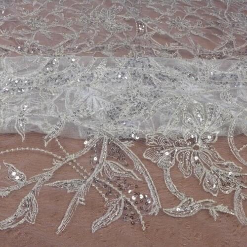 Shiny silver beaded squins on net embroidery evening/stage/show dress lace fabric 130cm 1 yard