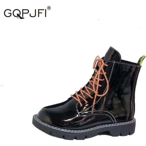 Black Platform Ankle Boots Women Autumn Shoes British Style Leathe Boots Lace Up Round Head Slope Heel Martin Motorcycle Boots