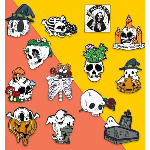 Gothic Ghost Bone Rose Grave series Enamel Pin Green poisonous mushroom Brooch Bag Lapel Pin Badge Jewelry Gift for Friends