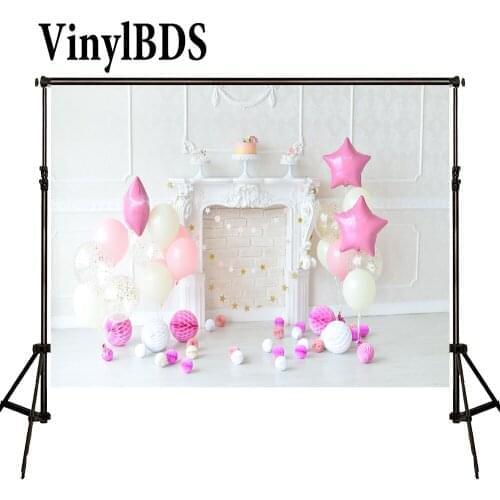 VinylBDS Newborn Baby Birthday Photography Backdrop White Brick Wall Backdrops Pink Balloon Children Backdrop for Photo Studio