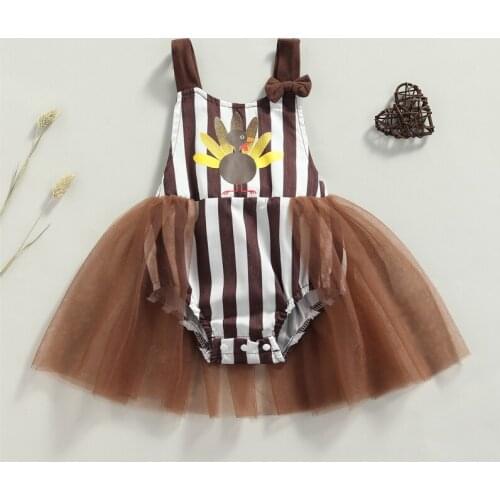 Thanksgiving Day Tulle Romper Baby Girls Color Block Stripe Cartoon Print U-shaped Neck Playsuit with Bowknot for 0-12 Months