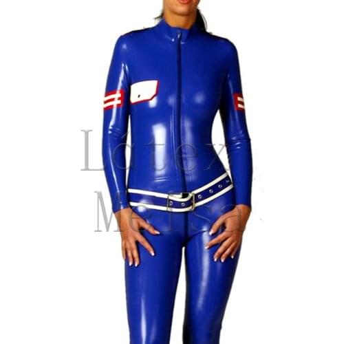 0.4mm thickness 100% natural latex uniform catsuit attached front zip to back waist no belt in blue color for women
