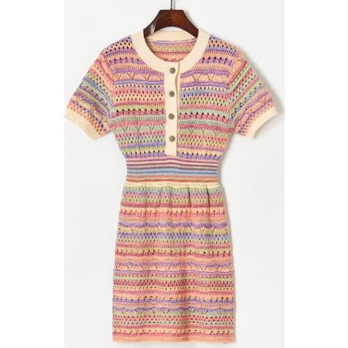 Crochet Hollow Out Dress Women Rainbow Striped Dress 2021 Summer O Neck Half Open Buttons Short Sleeve A Line Mini Dress
