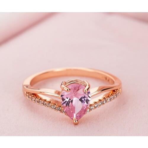 Trendy V-shaped Water Drop Wedding Rings Charm Luxury Pink Zircon Engagement Ring Accessories For Women Jewelry 2021 Bijoux