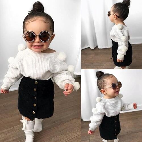 Toddler Baby Kid Girls Clothes Hairball Knit Tops Seatershirts + Button Mini Skirt Autumn Warm Outfits Sets 1-6Years
