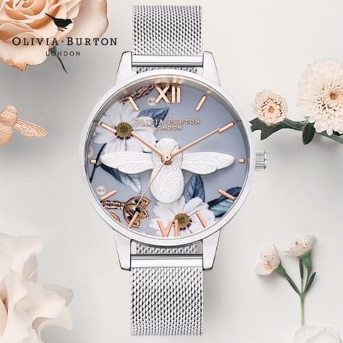 OliviaBurton Design Women Watches OB Elegant Dial Blue Mesh Band Reloj Mujer Japanese Quartz Movement Luxury Relogio Feminino