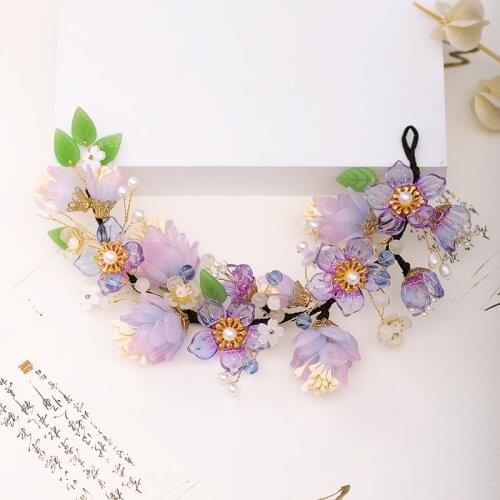 Luxury Fashion Tiaras Hairbands Purple Flowers Wedding Hair Accessories Handmade Women Hair Jewelry Leaf Headband Long Headdress