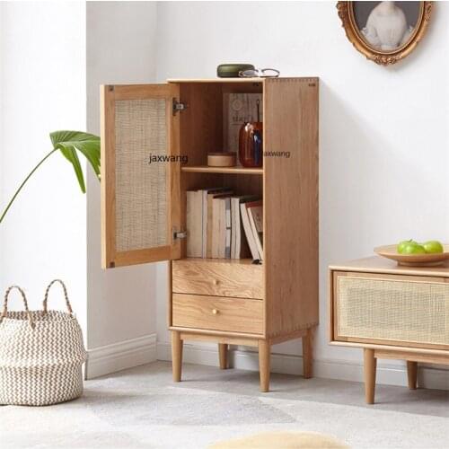 Nordic Living Room Cabinet Solid Wood Rattan Nordic Oak Living Room Storage Cabinet Modern Simple Apartment Display Cabinets GM