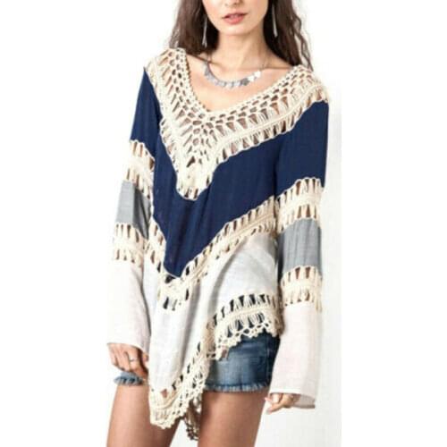 2 Colors New Ladies Vintage Patchwork Hollow Out V-neck Loose Fitted Color Cutout Long Sleeve Splicing Hollow Blouse