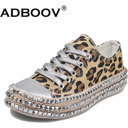 ADBOOV Rivet Women Canvas Shoes Punk Style Fashion Sneakers Women Leopard Espadrilles Vulcanized Shoes Female