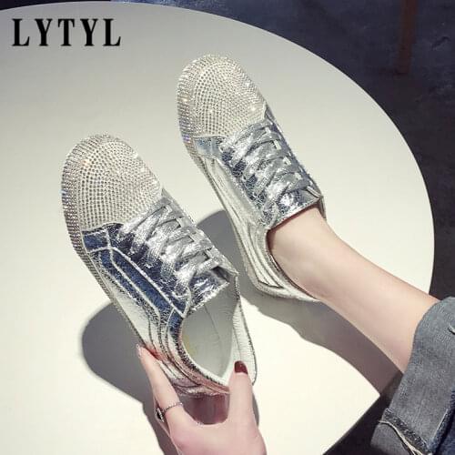 Flat heels silver crystal shoes woman autumn rhinestones sneakers women school walking flats casual zapatillas mujer AA-327