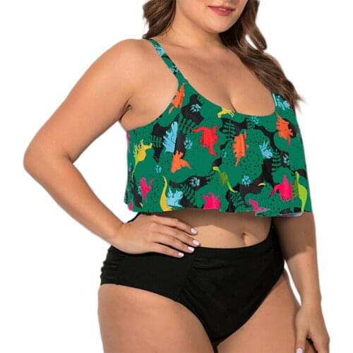 Women Sexy Two-piece Bathing Suit Cartoon Print Top with Chest Pad and Adjustable Strap High Waist Swimsuit Thong Set Plus Size