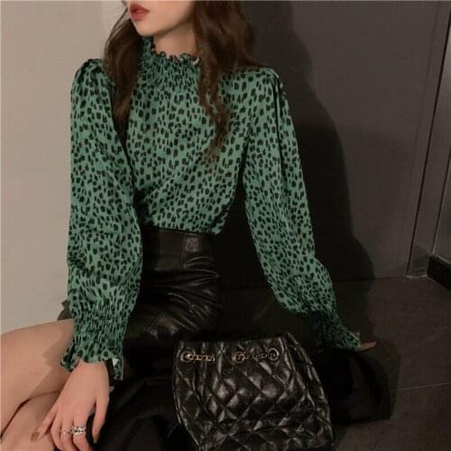 Womens Pullover Green Leopard Print Pleated Chiffon Puff Long Sleeves Slim Tops Wholesale 2021 New Elegant fashion Lady Clothes