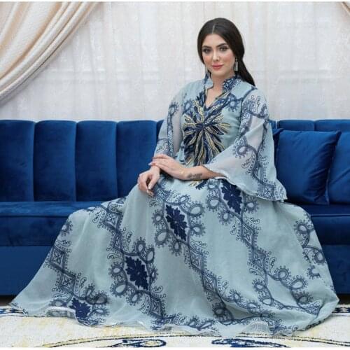 Muslim Kaftan Abaya Floral print Dress Gradient Kimono Women Dubai Abayas Turkish Stones chiffon Dresses Elegant African robe