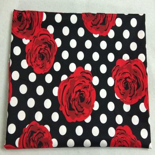 50x140cm Big Black White Polka Dot & Red Blooming Rose Flower Printed Cotton Spandex Fabric Floral Fabric Stretchable Elastic
