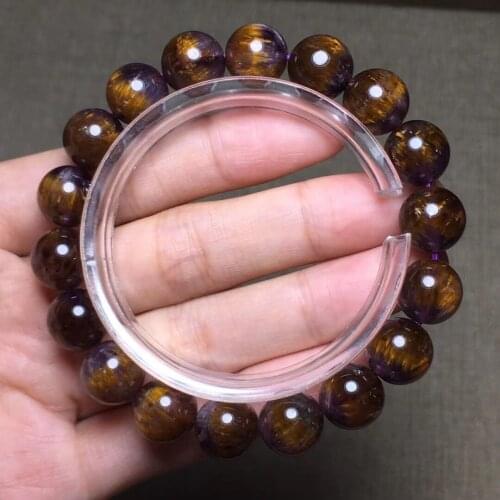 11mm Top Natural Cacoxenite Auralite 23 Purple Rutilated Quartz Bracelet Clear Round Beads Bangle Women Men AAAAAA