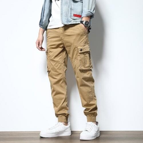Japanese Vintage Fashion Men Joggers Loose Fit Multi Pockets Casual Cargo Pants Men Overalls Streetwear Hip Hop Harem Trousers
