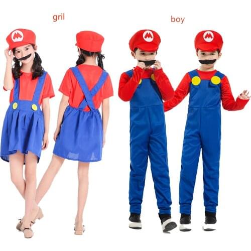 Birthday Super Mario Cosplay Costume Kids Boys Funy Brothers Bros Plumber Halloween Fancy Costumes Dress with Moustache and hat