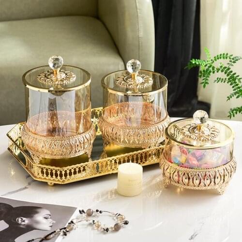 European Metal Glass Candy Jar Transparent Glass with Cover Storage Tank Storage Jar Glass Bottle Container Luxury Home Decor
