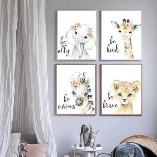 Safari Nursery Print Jungle Baby Animals Canvas Art Painting Posters Giraffe Elephant Lion Zebra Pictures Baby Room Wall Decor