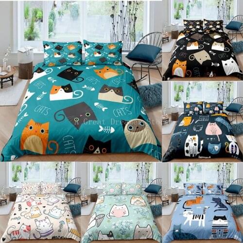 3D Cartoon Cat Bedding Set Kids Cute Duvet Cover King Queen Size Pillowcases Fashion Comforter Bedclothes Custom Bed Linen