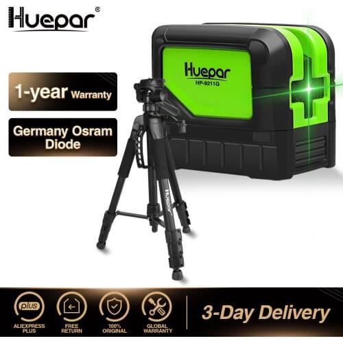 Huepar Green Beam Laser Level 2 Cross Lines 2 Points Professional 180 Degrees Self-leveling+Huepar Adjustable Laser Level Tripod